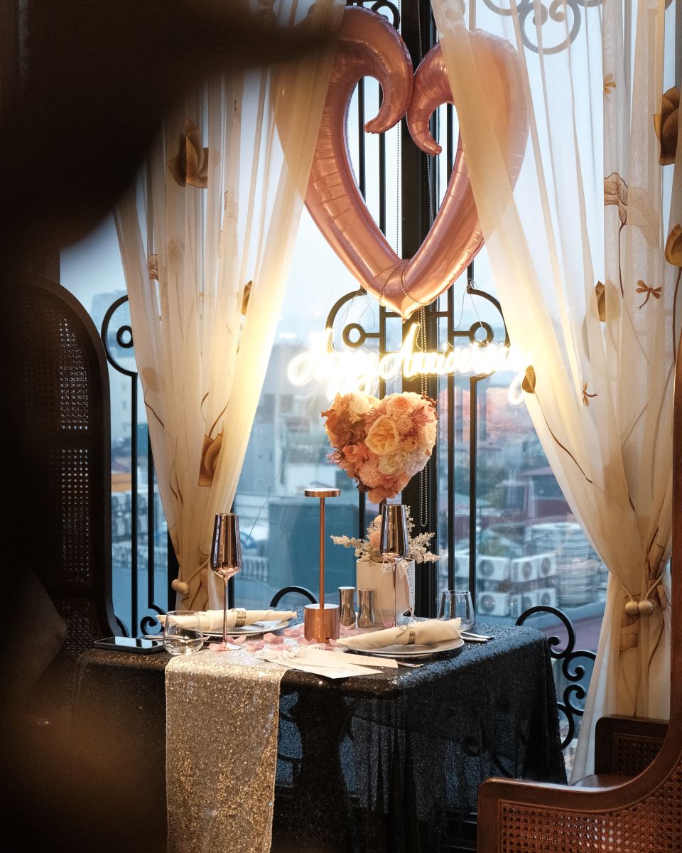 Romantic anniversary dinner setup at The Gourmet Corner Hanoi 